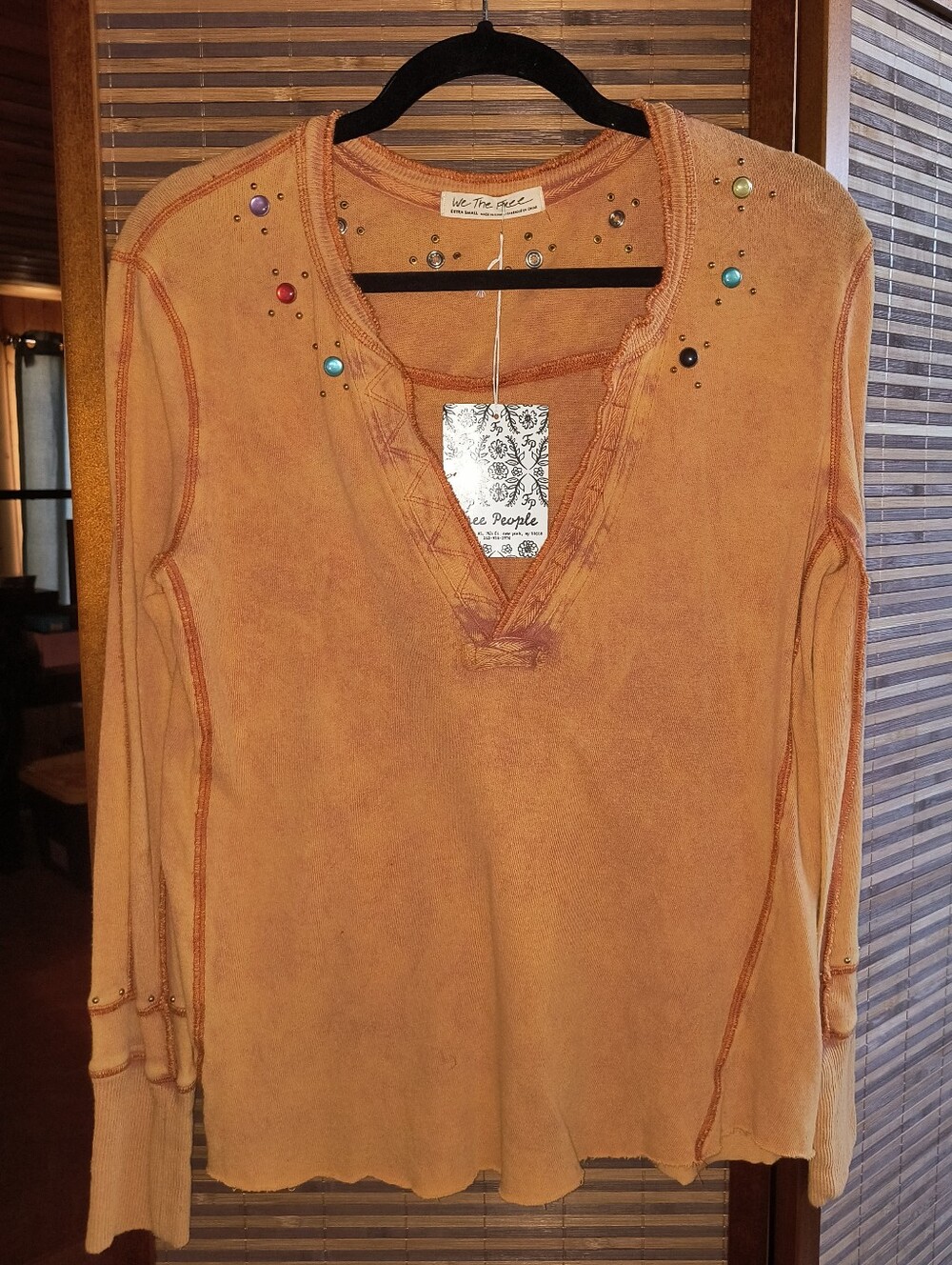 Free People Orange Stud-Embellished Wild Ride Henley Long Sleeve Top